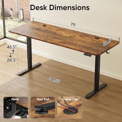 Monomi Large Electric Standing Desk 79" - Height Adjustable Sit Stand Desk with 178 lbs Load Capacity, 3 Memory Presets, Quiet Motor & Anti-Collision for Home Office (Rustic Brown)