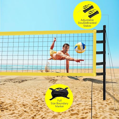 Yoving Volleyballnetz Set Professionell 9,5m Höhenverstellbar | Komplettset mit Stahlpfosten, Feldmarkierung & Volleyball | Inkl. Tragetasche für Strand, Garten & Vereinssport