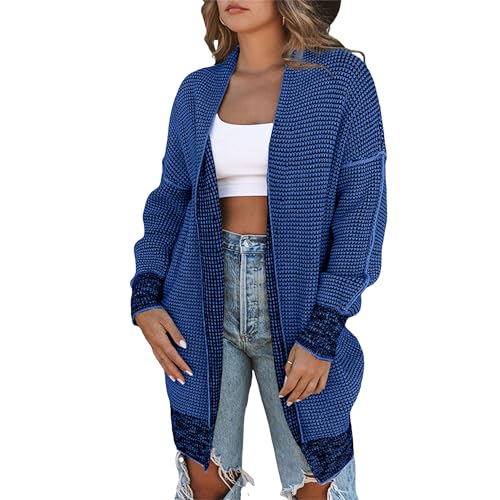 Women's Cardigan Sweater Casual Long Sleeve Solid Color Knit Cardigan Open Front Outwear Jacket with Pockets (Small,Blue)