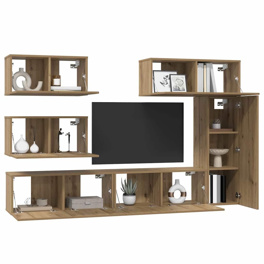 6-Piece Wall Mounted TV Stand Set, Artisan Oak Engineered Wood | Features adjustable shelves and storage compartments, providing a space-saving media center for living rooms.