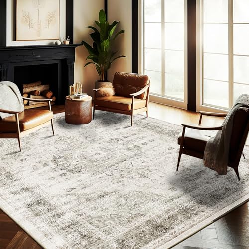 Washable Area Rug 10'x14' Floral Khaki Boho Design Non-Shedding Easy Care Ideal for High Traffic Areas in Living Room Bedroom Office Coffee Table Kitchen Large Carpet