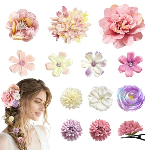 12 Stück Blumen Haarklammer Mehrfarbig, Künstliche Blumen Haarspangen für Dickes und Dünnes Haar für Frauen und Mädchen, Blumen Haarschmuck für Party, Hochzeit