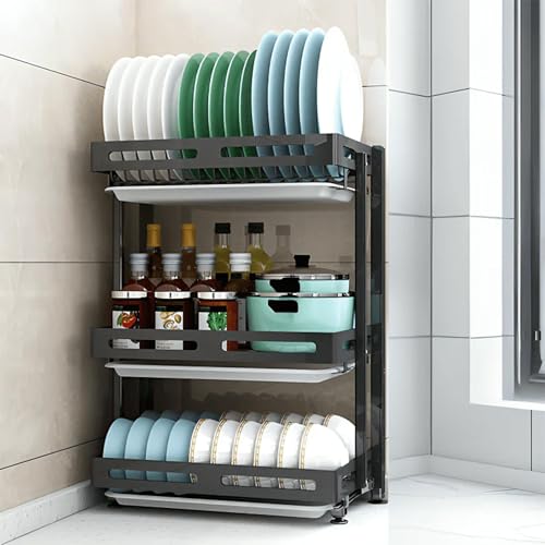 HomeEssentials 3-Tier Dish Drying Rack – Black Kitchen Organizer Stand for Utensils, Plates & Bowls – Space-Saving Countertop Bartan Drainer Shelf