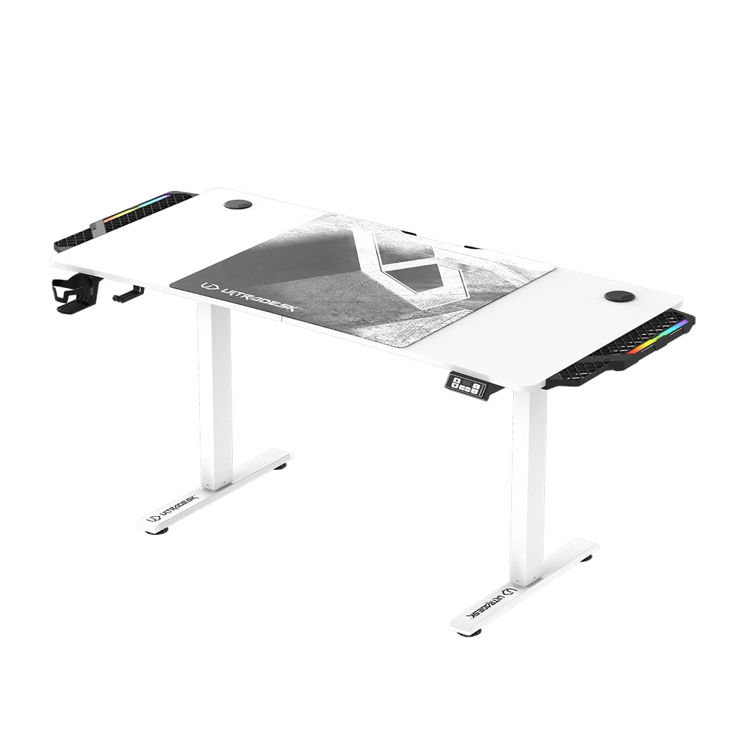 ULTRADESK - Level V2 Höhenverstellbarer Schreibtisch - Elektrischer Computertisch - 140x68 cm, für Gaming, Büro, Homeoffice - Set mit XL-Mauspad, LED RGB - Weiß Led