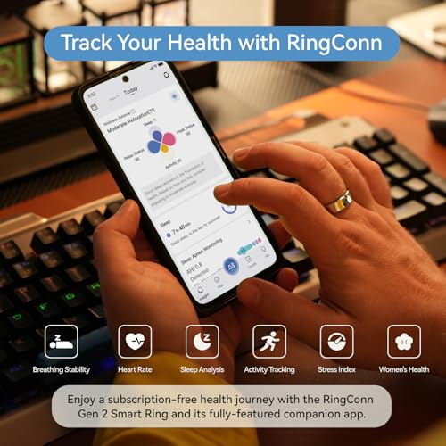 RingConn Inteligentny pierścień generacyjny 2 | Śledzenie bezdechu sennego | 12 dni pracy na baterii | Śledzenie snu, tętna i stresu | Zdrowie kobiet | Bez abonamentu | iOS/Android (srebrny, rozmiar