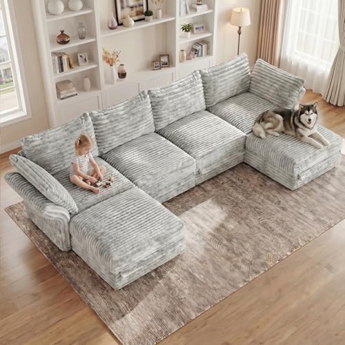 DreamDashio Oversized 6-Seat U-Shaped Sectional Sofa, 159” Extra Wide Deep Seat Modular Cloud Couch, Certified Corduroy Fabric with Storage, High Backs & Detachable, for Large Living Room, Light Grey