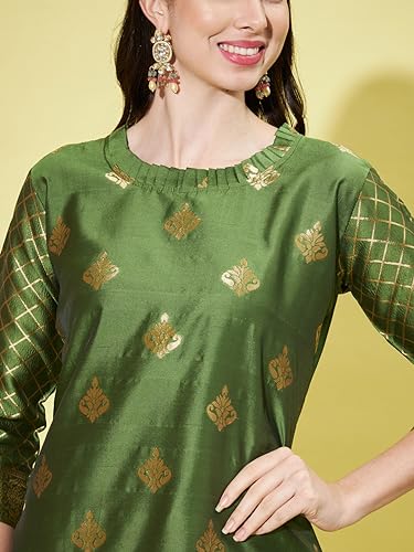 Image of VredeVogel Women's Cotton Silk Jacquard, Banarasi Silk Kurta Pant With Dupatta Set