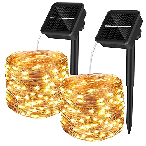 Yizhet Cadena de Luces de Navidad Solares, 2 Piezas 10M 100 Led Guirnaldas Luces Exterior Solar, Blanco Cálida, 8 Modos, Total 20M 200 Led Impermeable IP65 para Terraza, Patio, Jardin, Navideño