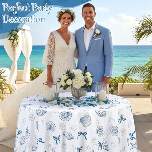 Image of Chumia 2 Pcs Coastal Tablecloth White and Blue Bachelorette Tablecloth Disposable Plastic Waterproof Table Covers Dinner Party Setting Floral Wedding Bridal Home Party(Round Shell)