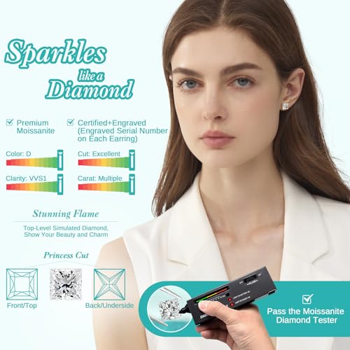 Princess Cut Moissanite Stud Earrings, Lab-Created Diamonds, 0.8-2.4ct D Color, VVS1 Clarity, Hypoallergenic, White Gold-Plated 925 Sterling Silver, Anniversary Birthday for Women Men2