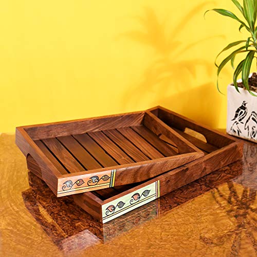 Image of AAKRITI ART CREATIONS Trays with Floral Art Handcrafted in Rosewood Set of 2 | Natural Brown Wooden Trays & Platters with Handle | Matte Finish Home | Trays for Dining Table & Kitchen Organizer