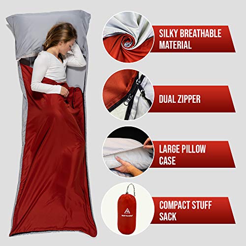 Well Traveled Sleeping Bag Liner – Lightweight Adult Sleeping Sheet for Hiking, Backpacking and Camping – Easily Removable and Washable, Silky Smooth Fabric, Simple to Stuff Sack (Left Side Zipper)