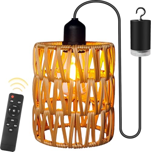 Rattan Hängelampe mit Fernbedienung Außen Innen Hängeleuchte Boho Batteriebetriebene Lampe Hängeleuchte Ohne Stromanschluss Tragbare Korb Lampenschirm Pendelleuchte für Innen Außen Garten