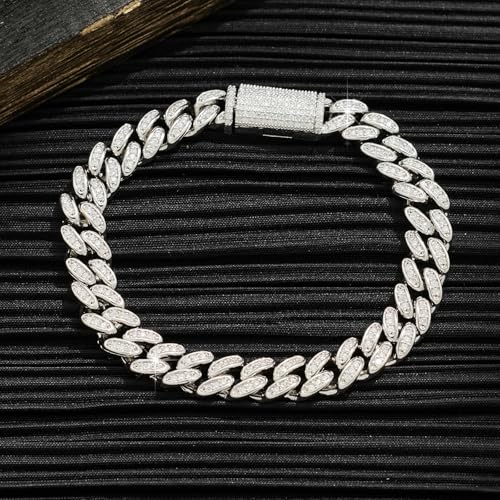 Silver Cuban Link Bracelet for Men - Chunky Iced Out Design with Full CZ & Moissanite - Ideal Men's Jewelry Gift & Hip-Hop Silver Bracelet for Men