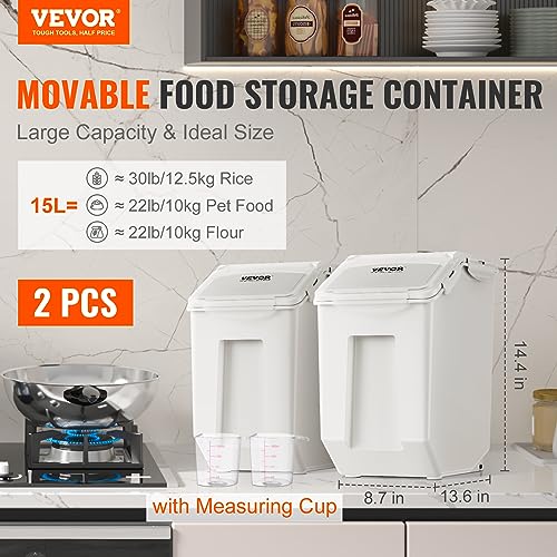 VEVOR Ingredient Storage Bin, 2 x 15L Dispenser Bin with 2 Measuring Cups, Attachable Casters and Airtight Lid, 2 Pcs/Set Dog Pet Food Storage Container, PP Material Kitchen Rice Cereal Flour Bin - Image 3