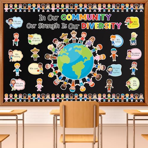 Image of HIQINLUG Diversity Strength Bulletin Board Decorations Set - Diversity Classroom Decor, Multicultural Bulletin Board, Earth Day Classroom Decor, Paper Cutouts, Wall Art