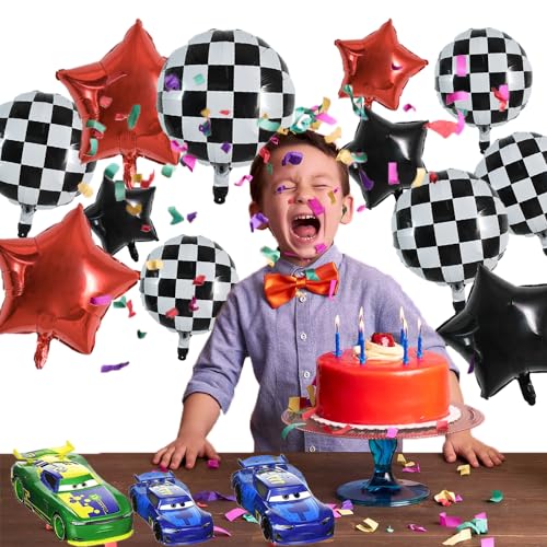 Image of TONIFUL 18Pcs Checkered Round Foil Balloons Race Car Themed Party Decor