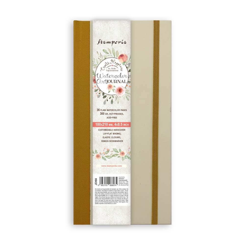 Stamperia - Mixed Media Journal with 36 Plain Watercolour Pages, Hot-Pressed and Acid Free, Lay-Flat Binding, Customisable Hard Cover, with Elastic Closure and Ribbon Marker (10 cm x 21 cm) (300 g)