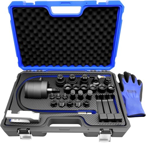 KTTOOL 31Pcs Pneumatic Injector Puller Set for Diesel Engines Air Vibration Fuel Injector Removal Tool Kit with Extractor Hammer Extension Hose 23 Adapters and EU US JP Connectors