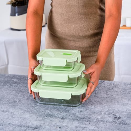 Image of Kitchne Star Fresh Lock Trio Glass Container Set of 3, Airtight Leak-Proof Stackable Lunch Box with Locking Lids, BPA-Free, for Office Travel and Meal Prep