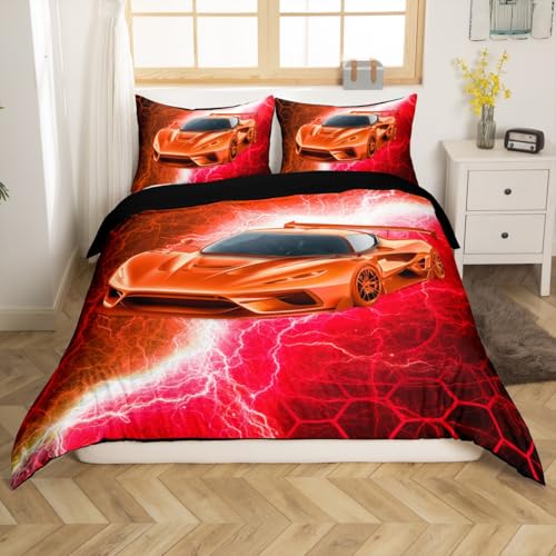 jejeloiu Orange and Red Race Car Bedding Set Toddler Size Kids Sports Car Comforter Cover for Boys Girls Teens Lightning Honeycomb Styles Duvet Cover Soft Microfiber,No Comforter