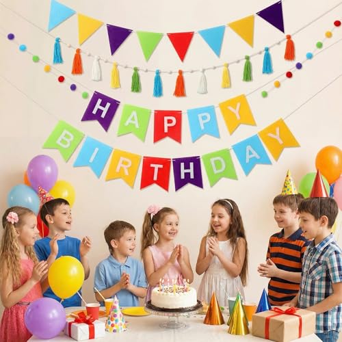SmoothNovelty 139 Pcs Felt DIY Custom Banner Kit Include 104 Letters 18 Swallowtail Flags 15 Pennants 2 Pcs Pom Pom Garland Tassel Pompom Decoration for Home Baby Shower Birthday(Rainbow) by SmoothNovelty - Used condition - Image 5