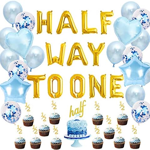 Half Birthday Decorations for Boy Blue Half Way To One Balloon Banner 6 Months 1/2 Cake Toppers Party Supplies Cover