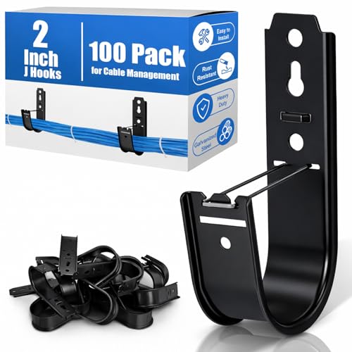 Image of Podoy 100 Pack Black 2 inch Galvanized Steel Cable J Hooks with Retainer Clips | 16-Gauge Wall /Ceiling Cable Hangers for CAT5e, CAT6, Coax, Fiber Optic and Conduit, 50 lb Load Capacity