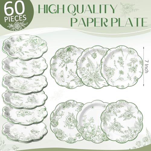 Image of Funnymoom 60 Pcs 7 inch Sage Green Floral Party Plates Vintage Floral Leaf Disposable Paper Plates Green Toile Scalloped Dessert Plate for Spring Wedding Bridal Baby Shower Tea Party Decoration Supplies