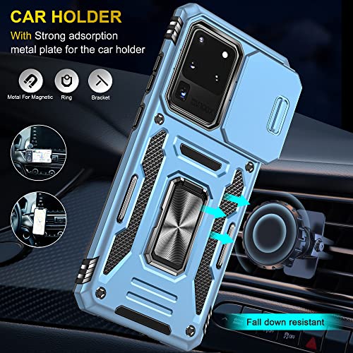 Image of Slide Camera Cover with Ring Holder Mobile Phone Case Cover for Samsung Galaxy S20 Ultra (Blue)