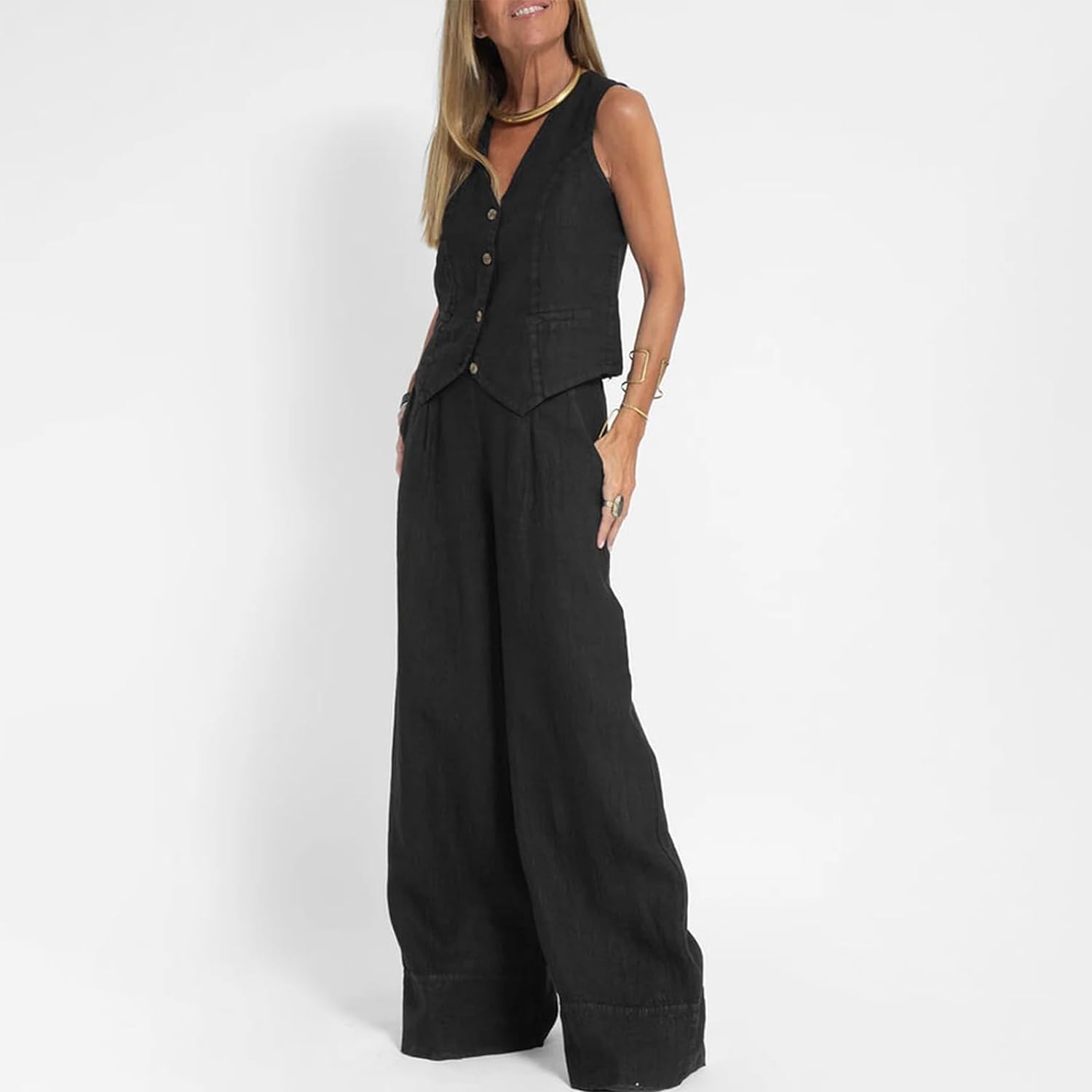 Conjunto de 2 piezas para mujer, cuello en V, sin mangas, con botones, pantalones de pierna ancha, traje de 2 piezas, conjunto de lino a juego de verano