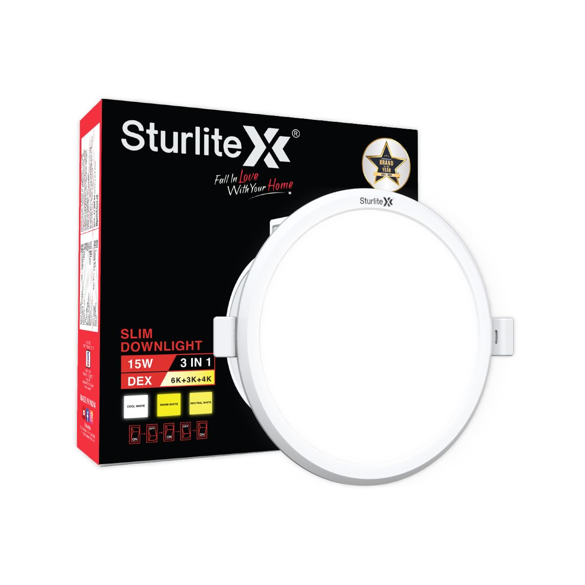 Sturlite Dex 15W (3 in1) Round LED Downlight|Warm, Neutral & Cool White Color Temperature|1500 Lumens with CRI Tech for Various Ceiling Types and Rooms - (Pack of 1)
