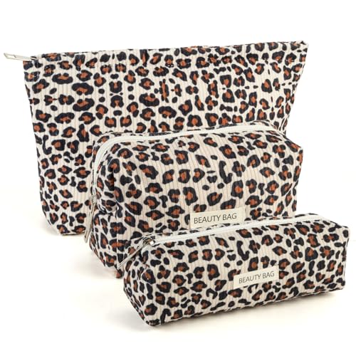 Koytoy Kosmetiktasche, 3 Stück Kosmetiktasche Klein- Tasche aus Cord mit Metallreißverschluss, ideal als Schminktasche für Frauen auf Reisen (Leopardenmuster)