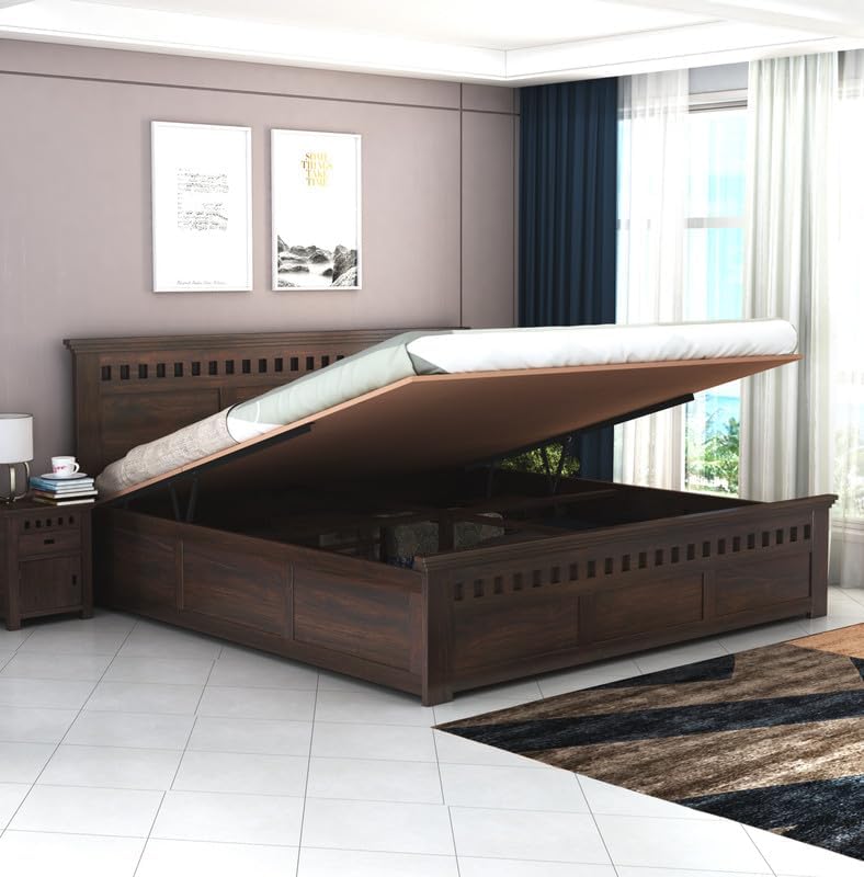 Image of STRATA FURNITURE Sheesham Wood King Size Bed with Hydraulic Storage and Headboard for Living Room Bedroom Home | Wooden Double Bed Cot Palang Furniture (Walnut Finish)