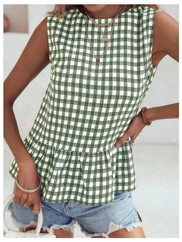 Floerns Women's Gingham Print Sleeveless Round Neck Ruffle Hem Peplum Blouse Top4