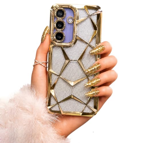 Image of VONZEE Gradient Glitter Case for Samsung Galaxy M56 / F56, Luxury Electroplated 3D Cube, Diamond Bling Shiny Soft TPU Clear Shockproof Women Girls Protective Phone Cover (Gold)