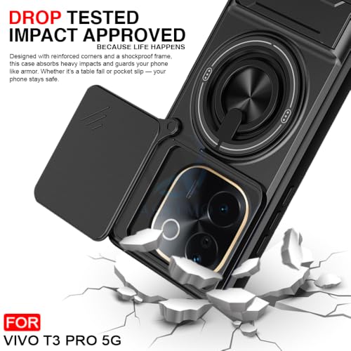 Image of AESTMO Vivo T3 Pro 5G Back Cover | Armor Camera Slider 360 Degree Rotating Finger Ring Holder Case with Bracket Stand Back Case Cover (Compatible with MagSafe Accessories) (Black)