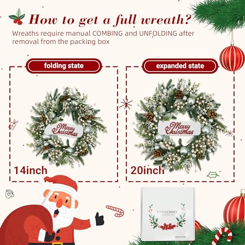 Image of YNYLCHMX 20 Inch Winter Wreath for Front Door, Winter Wreaths with Welcome Sign Pine Needle Pine Cone Berry Artificial Door Wreaths for Window Wall Fireplace Farmhouse Holiday Party Decoration