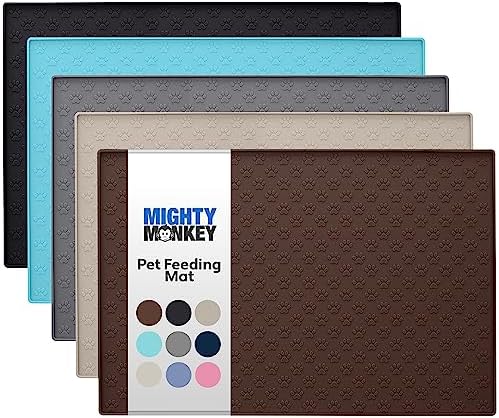 MIGHTY MONKEY Silicone Pet Feeding Mat, Waterproof Placemat for Dog and Cat Bowls, Raised Edges, Prevent Water Spills and Food Messes on Floor, Paw Print Tray Mats, Dishwasher Safe, 18x12, Brown