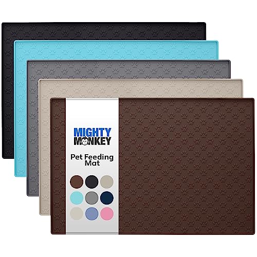 Mighty Monkey Silicone Pet Feeding Mat, Waterproof Placemat For Dog And Cat Bowls, Raised Edges, Prevent Water Spills And Food Messes On Floor, Paw Print Tray Mats, Dishwasher Safe, 18X12, Brown #TOP3