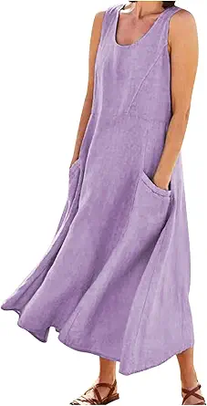 Plus Size Cotton Linen Summer Dresses for Curvy Women 2025 Sleeveless Maxi Vacation Beach Sundresses with Pockets