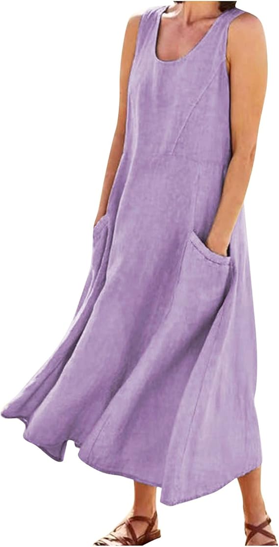 Plus Size Cotton Linen Summer Dresses for Curvy Women 2025 Sleeveless Maxi Vacation Beach Sundresses with Pockets