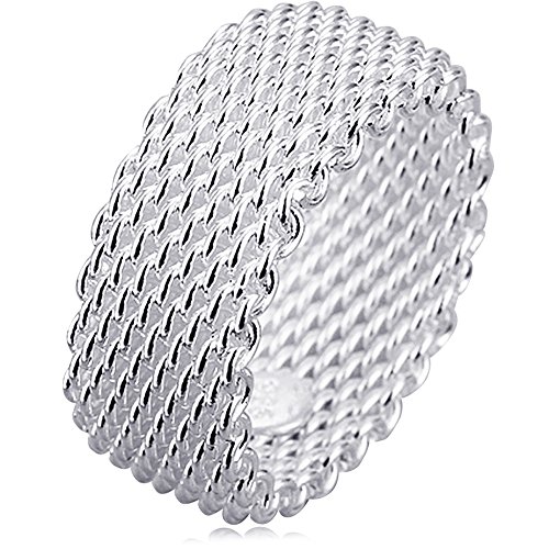 BOHG Jewelry Womens 925 Sterling Silver Plated Fashion Wide Korean Style Braided Mesh Ring Wedding Band Size 8