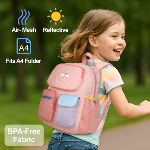 Kids Backpack for Girls - 15 Inch Preschool Kindergarten Bookbag for Children 3 to 8, Lightweight School Bags for 1st 2nd Grade, Kids Travel Backpack with Reflective Stripe, Pink Rainbow2