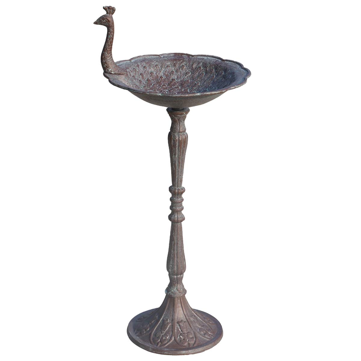 TentHome - Comedero y Bebedero para Pájaros en Forma de Pavo Real, Hierro Fundido, para Baño de Pájaros, Jardín Exterior, Marrón Envejecido