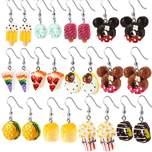 Girl Drop Earrings Mini Donut Cake Burger Popcorn Ice Cream Earrings Resin Handmade Earrings 925 Silver Plated Christmas Thanksgiving Girl Earrings Gift (12 SET)