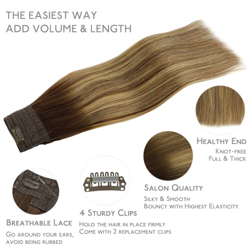 Image of WENNALIFE Wire Hair Extensions Real Human Hair 18 inch 125g Balayage Chocolate Brown to Honey Blonde Remy Real Hair Extensions Invisible Wire Human Hair Fish Line