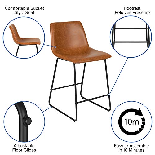 Butacos de altura para barra Flash Furniture Reagan, estilo moderno de mediados de siglo, con reposapiés, cuero suave, juego de 2, marrón claro miniatura 5