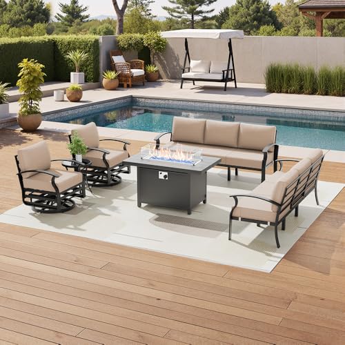 Image of Aluminum Patio Furniture Set with Fire Pit Table, 8 Seats Outdoor Patio Conversation Sets with Swivel Chair Modern Metal Sectional Sofa with Upgrade Cushions for Patio, Backyard - Sand