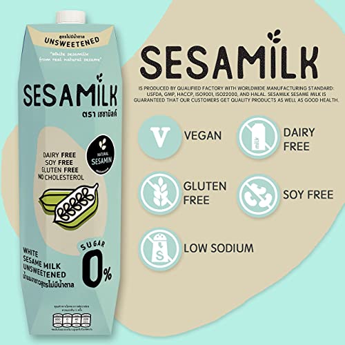 Sesamilk: Sesame Milk (Unsweetened white sesame milk), 33.8 Fl Oz (Pack of 6) Vegan Dairy Free│Soy and Nut Free │Gluten Free │Low Sodium │0% Sugar│Halal